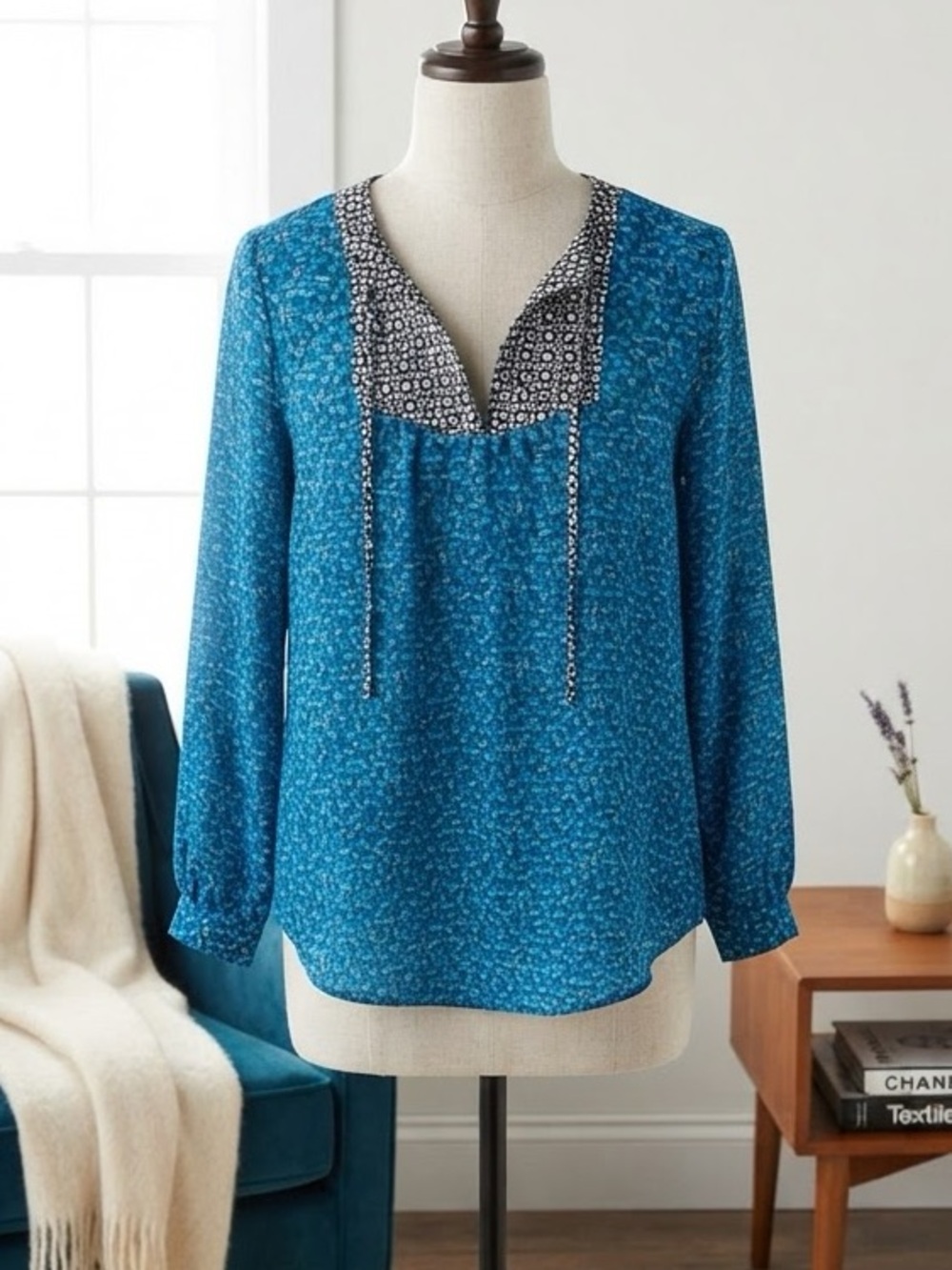 J. Crew Teal Blue Printed Peasant Blouse with Contrast Yoke